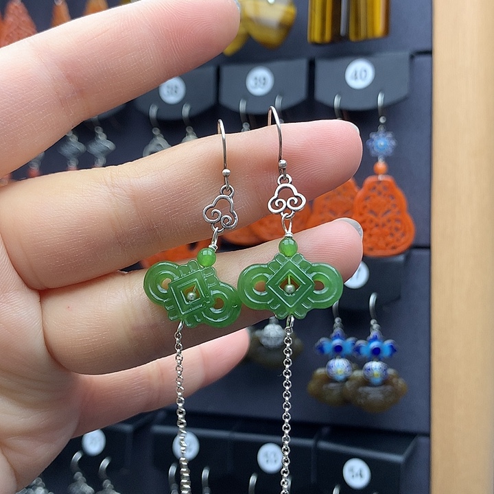 和田玉耳饰银S925镶嵌