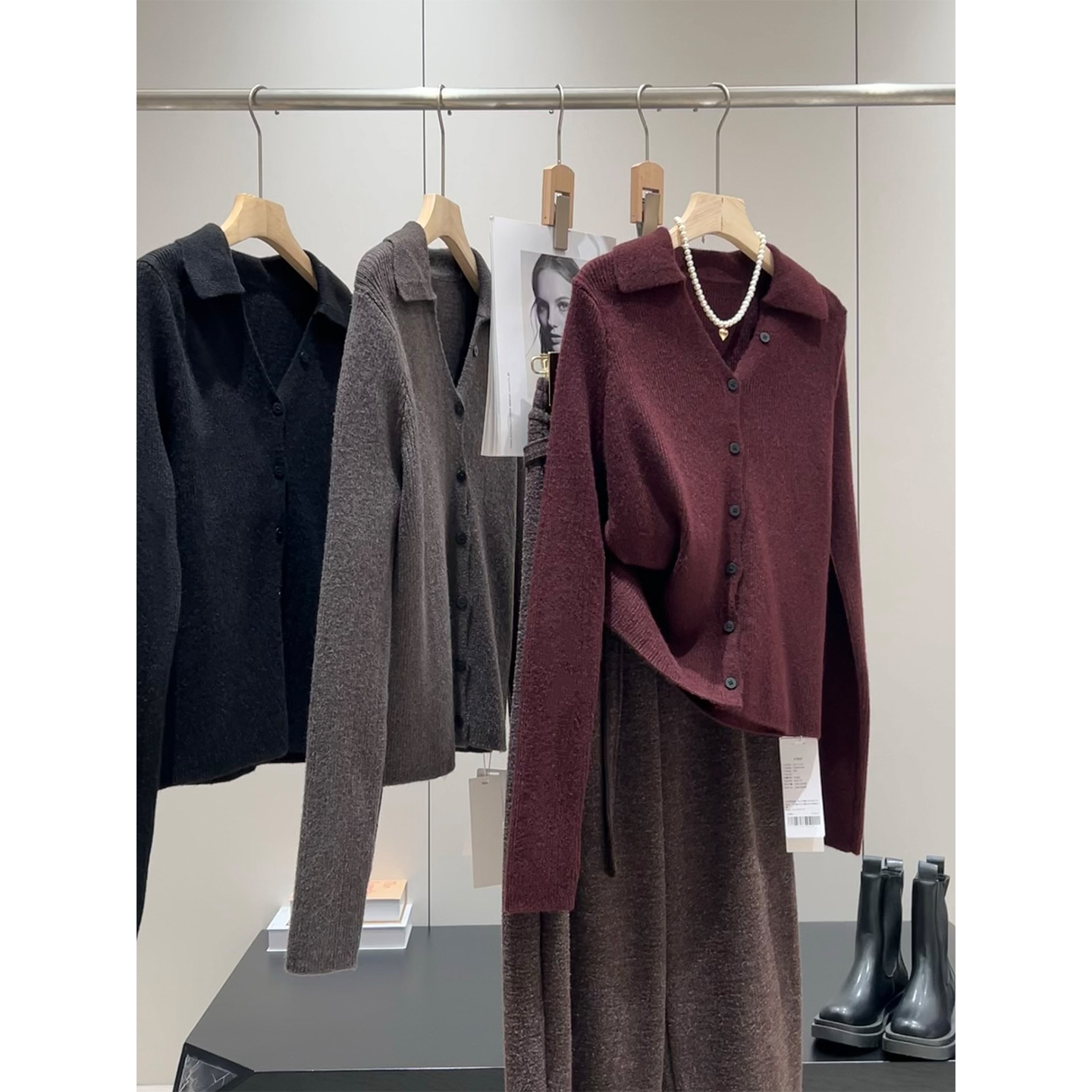 法式气质！秋冬羊毛混纺修身显瘦V领排扣长袖针织开衫