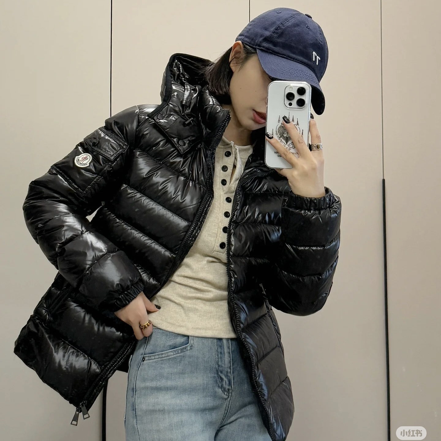 99新 MONCLER Bady黑色亮面刺绣徽标logo羽绒服/1码/35177