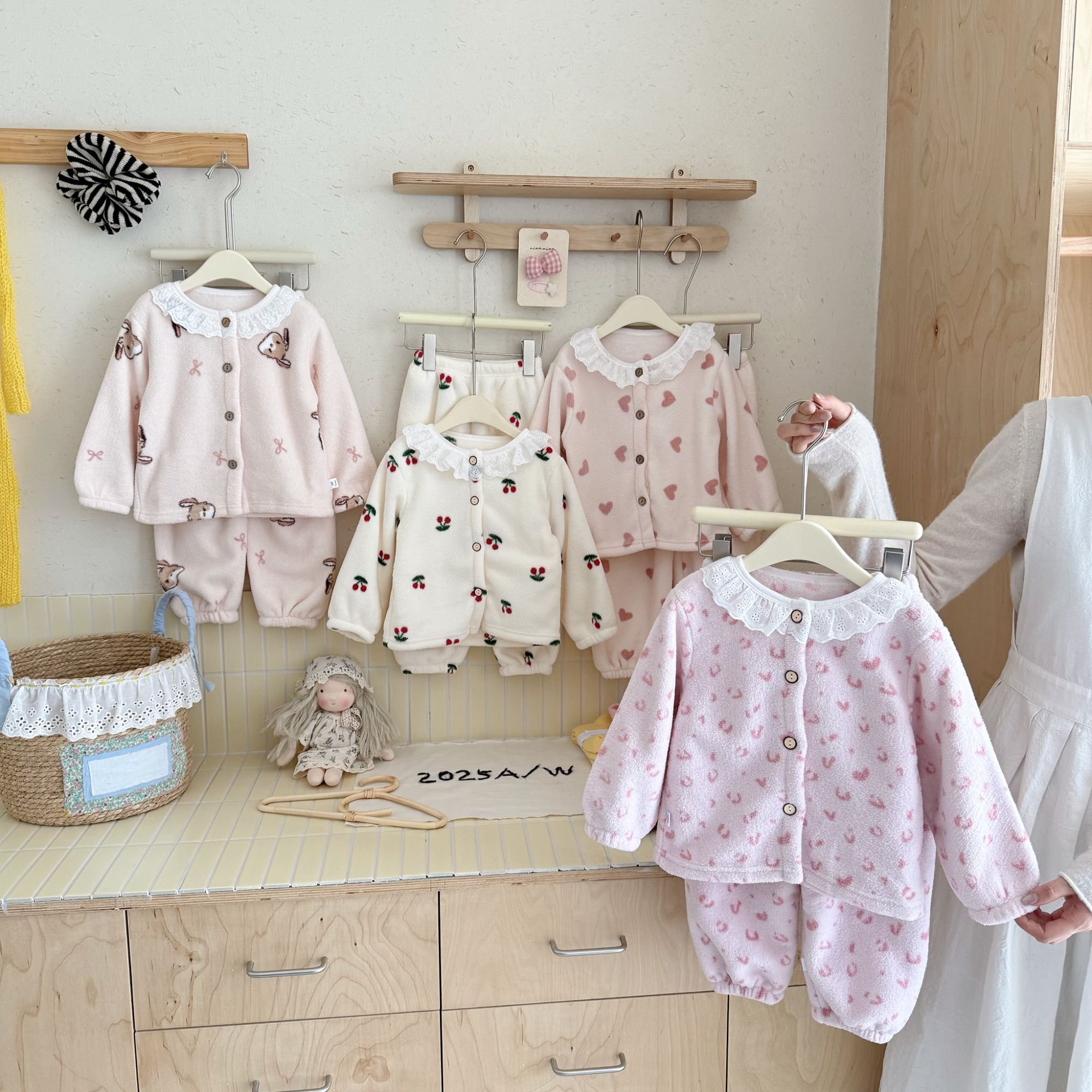 儿童家居服套装女宝宝冬季雪粒绒花边开衫加绒加厚保暖睡衣ty