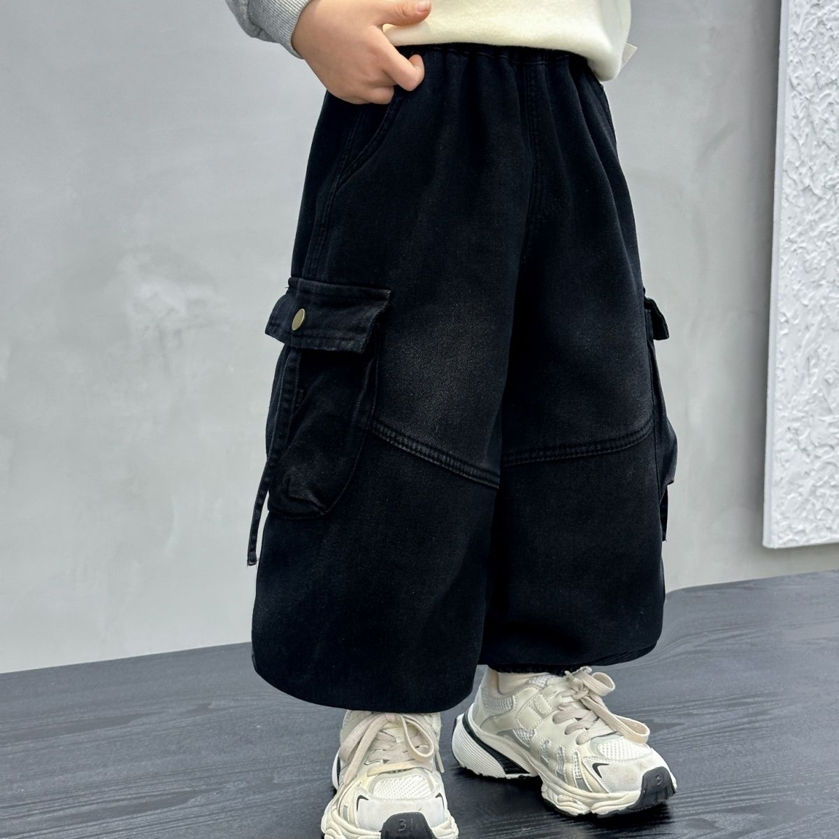 男童加绒牛仔裤韩版灯笼裤秋冬新款宝宝工装长裤帅气洋气宽松裤