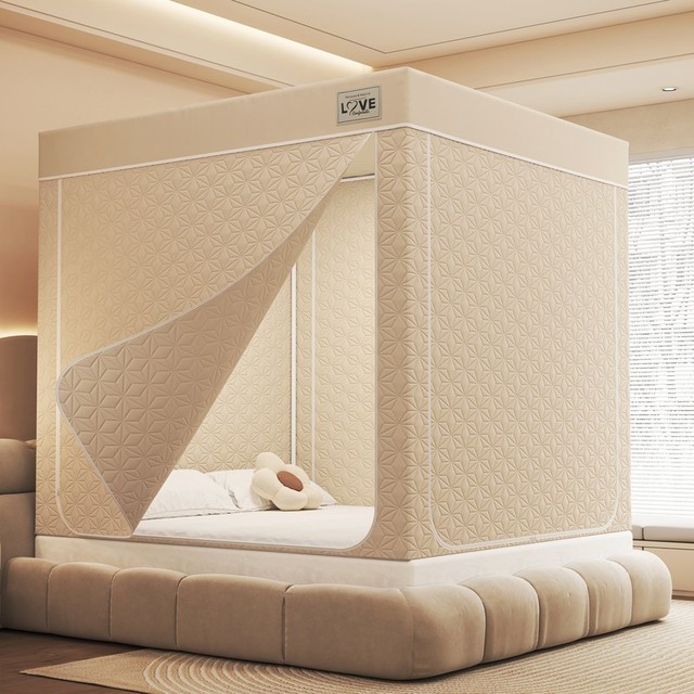 加厚保暖五面夹棉床帘床幔遮光防风帐篷室内防寒回底三开门拉链帐