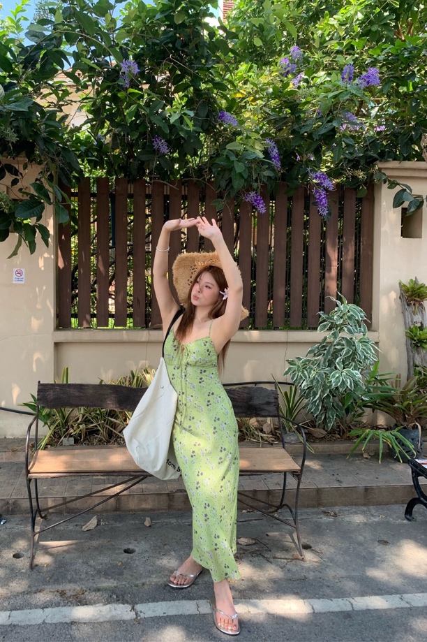 【清清no退换】宅宅athome//生如夏花 法式抽绳系带修身碎花连衣裙
