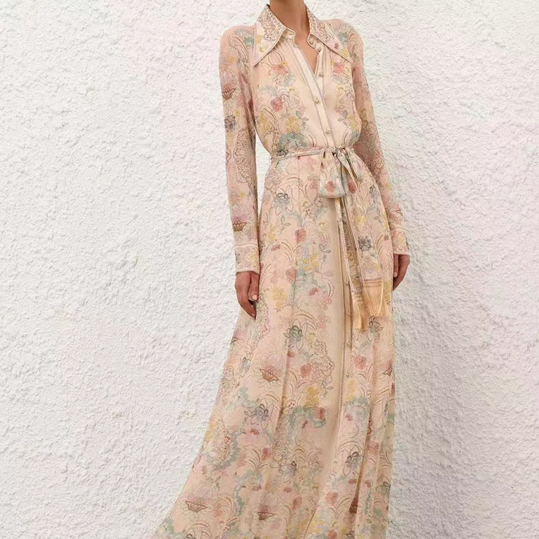 澳洲新款早春印花长袖收腰显瘦优雅气质长款连衣裙开衫细带设计