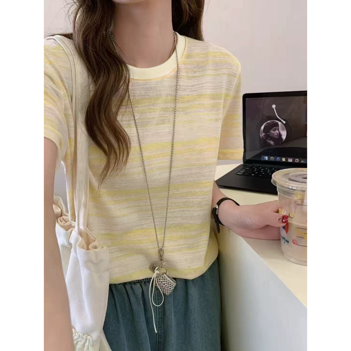 韩系洋气「贝尔奶黄·多巴胺条纹」短袖撞色上衣25062