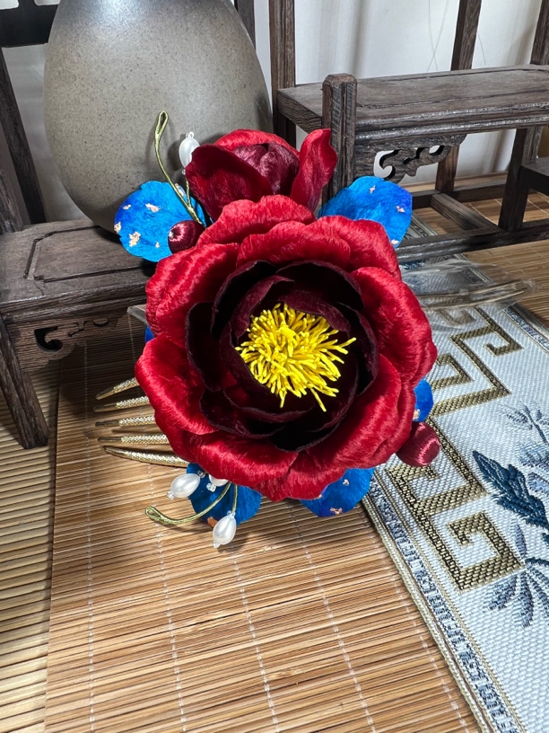 绒花（红牡丹）适合日常佩戴，汉服配饰古风头饰！