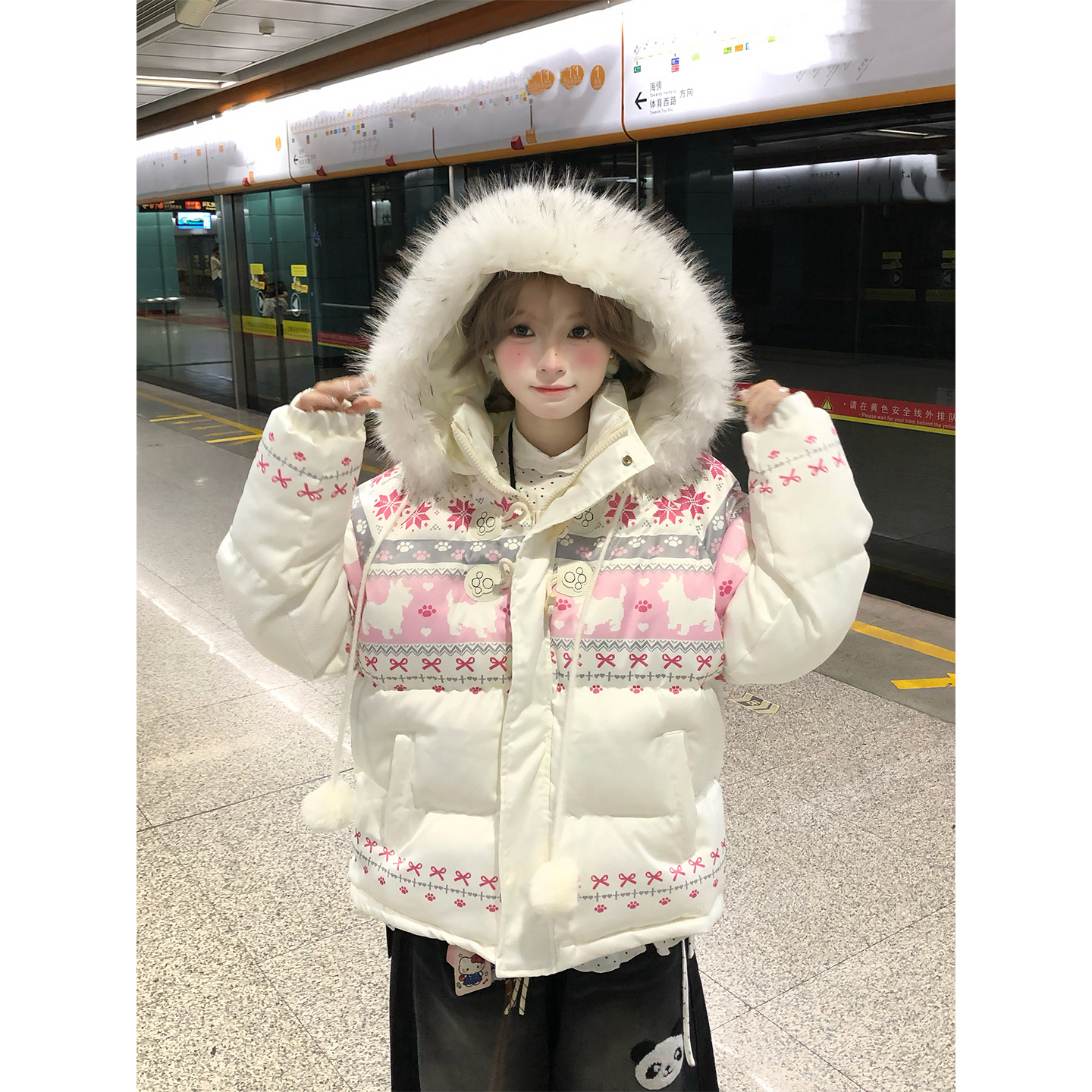 文文不乖原创费尔岛复古雪花兔子印花毛领连帽棉服外套女秋冬棉衣