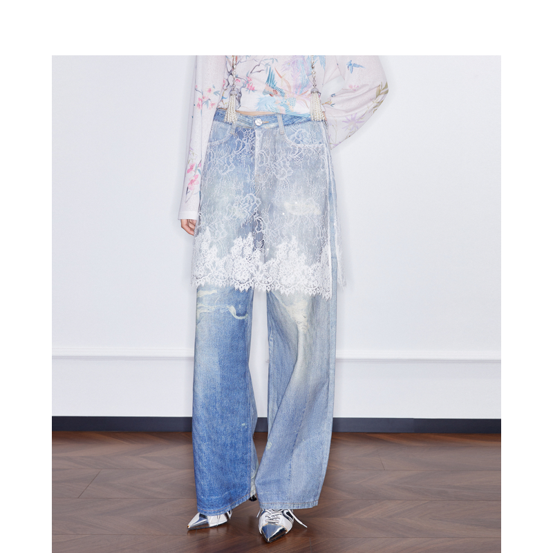 密扇春鸣序系列 「一帘幽梦」蕾丝拼接阔腿牛仔裤M25DC22001833