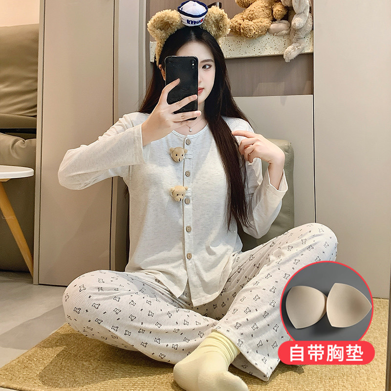 秋季新款少女睡衣带胸垫长袖长裤学生甜妹风卡通公仔家居服套装