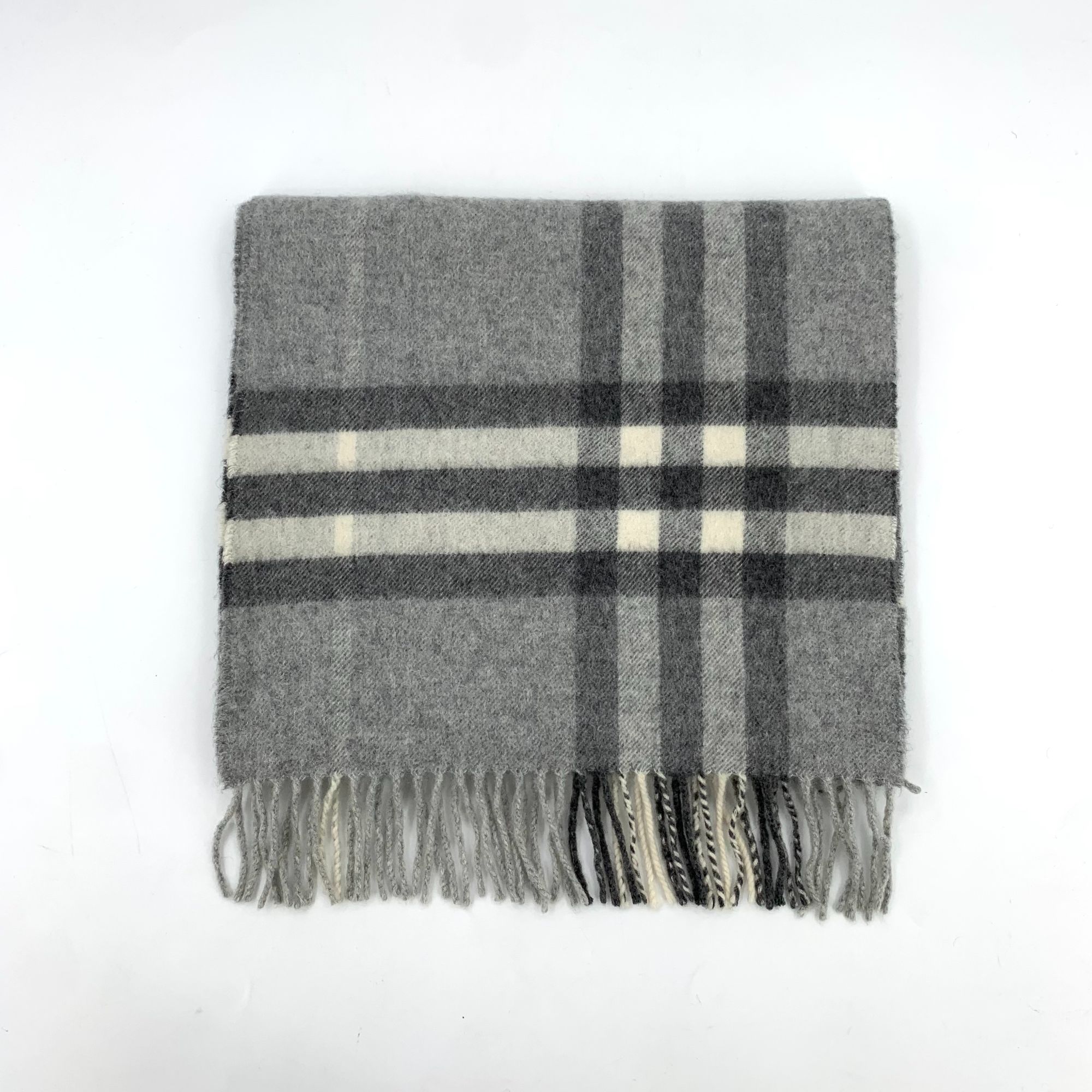 95新 BURBERRY/博柏利 J19138 灰色格纹山羊绒流苏围巾 168*30cm