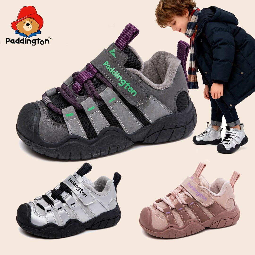 帕丁顿熊冬季魔术贴儿童运动鞋男童皮面防水加绒锁温女宝机能鞋