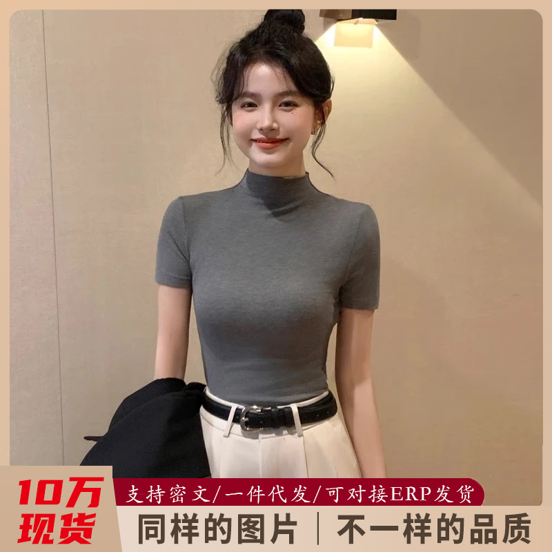 莫代尔半高领短袖T恤女夏季2025新款修身显瘦高级感休闲百搭上衣