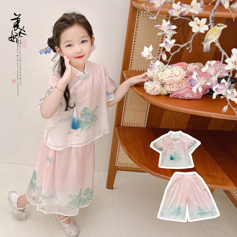 汉服女童夏装2024新款大童夏季短袖新中式套装儿童国风两件套唐装