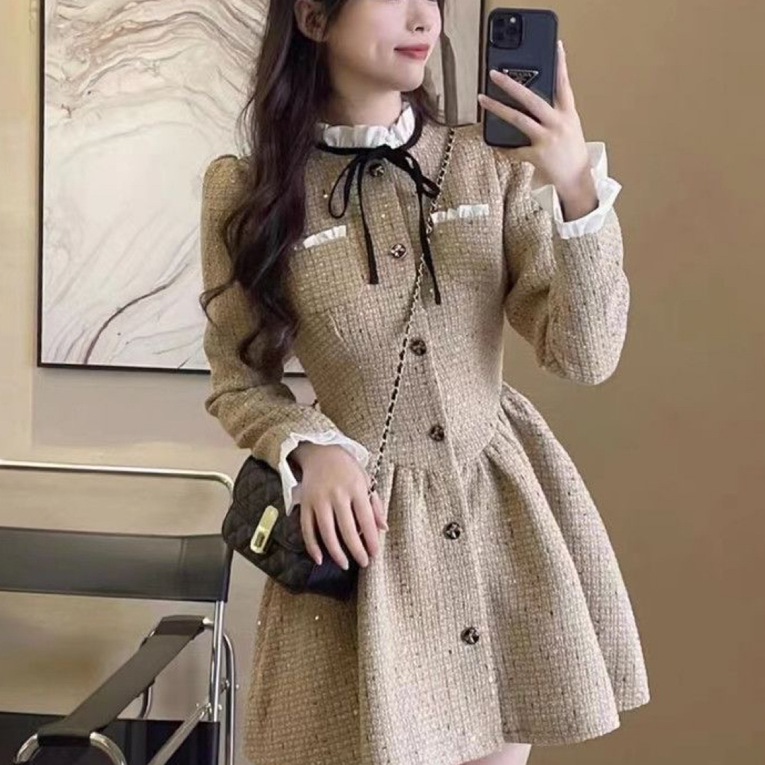 D法式千金小香风连衣裙女秋冬高级感气质名媛赫本风收腰显瘦