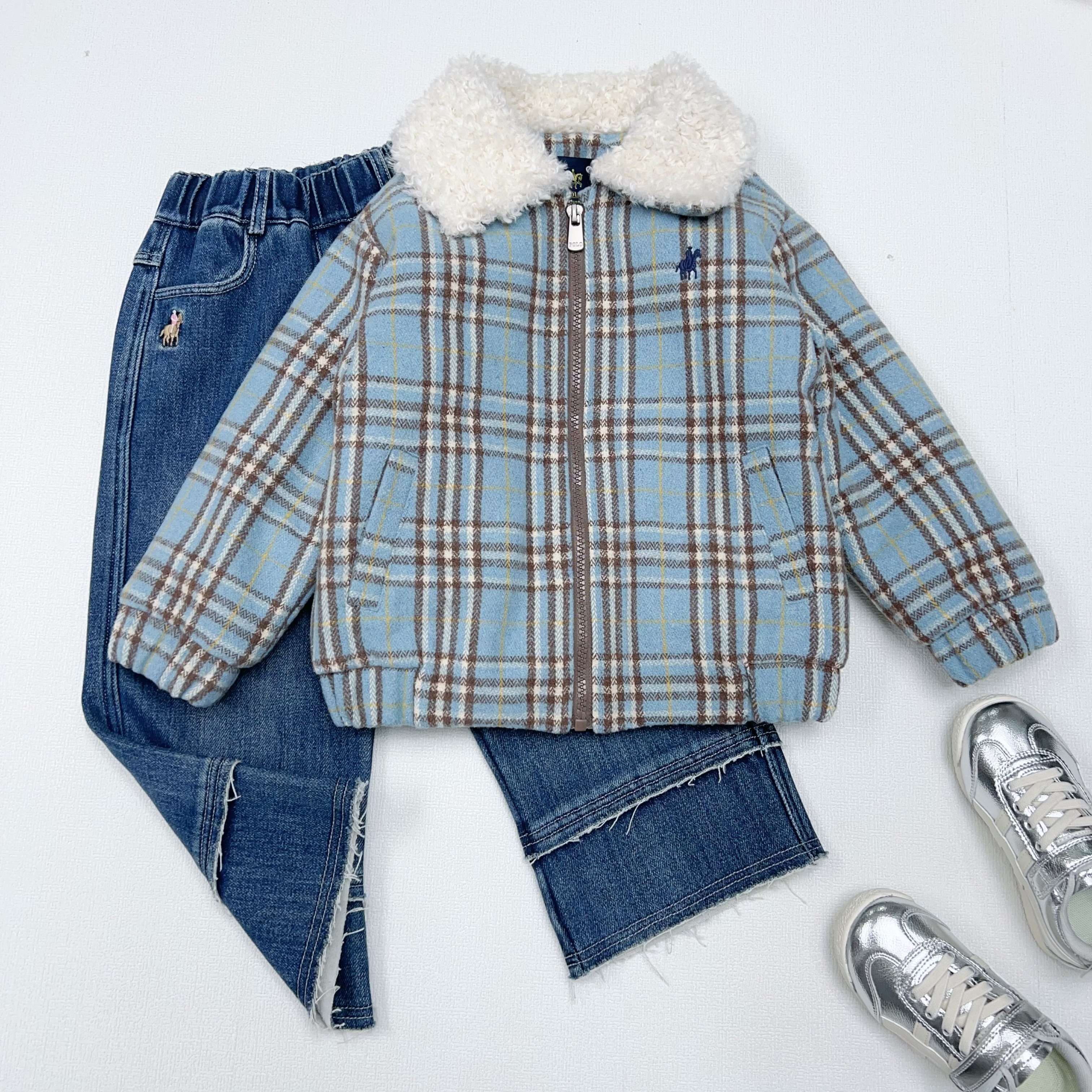 中大童女宝新款冬季韩版时尚百搭拉链款格子拼接毛毛领加绒外套