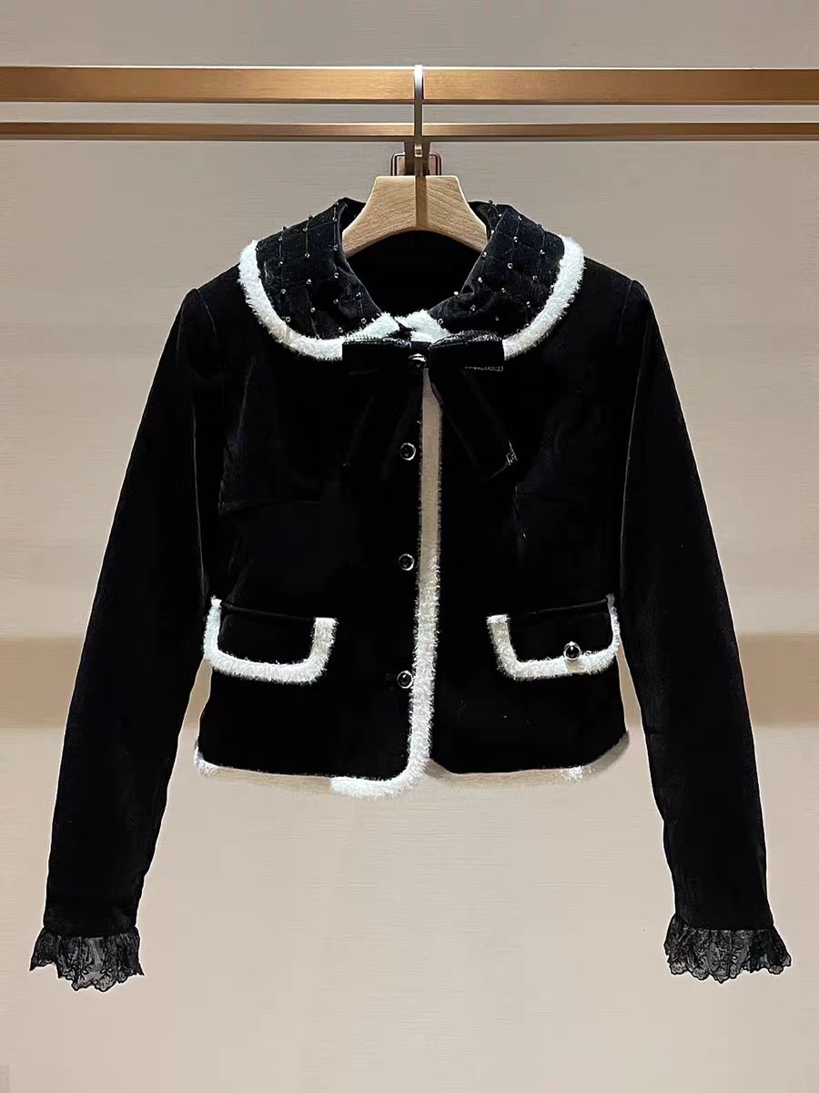 轻奢黑色千金小香风外套女2025新款法式复古娃娃领拼接上衣