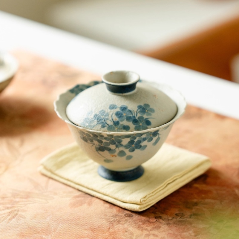 （阿萌茶事）青花火石红纯手绘蓝蝶-文之盖碗100cc