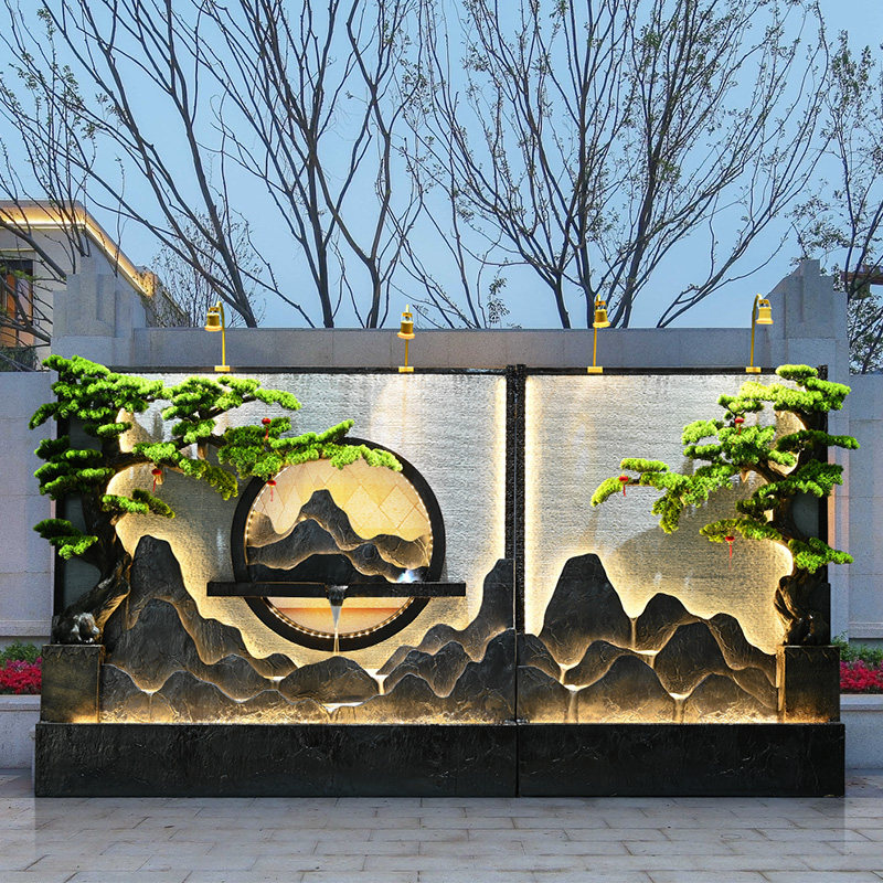 水幕墙叠水瀑布流水墙户外庭院花园鱼池景观假山造景流水屏风隔断