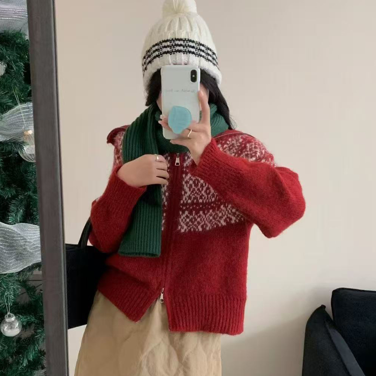 费尔岛毛衣圣诞风宽松开衫毛衣