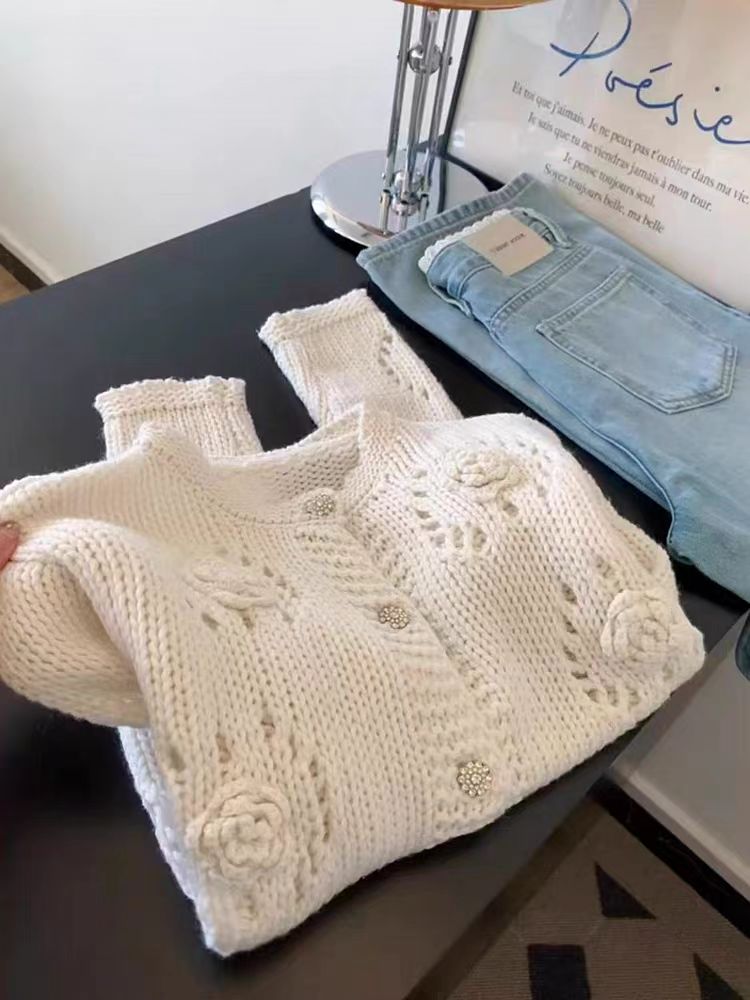 法式温柔风立体花朵毛衣开衫外套女2025春秋新款镂空圆领针织上衣