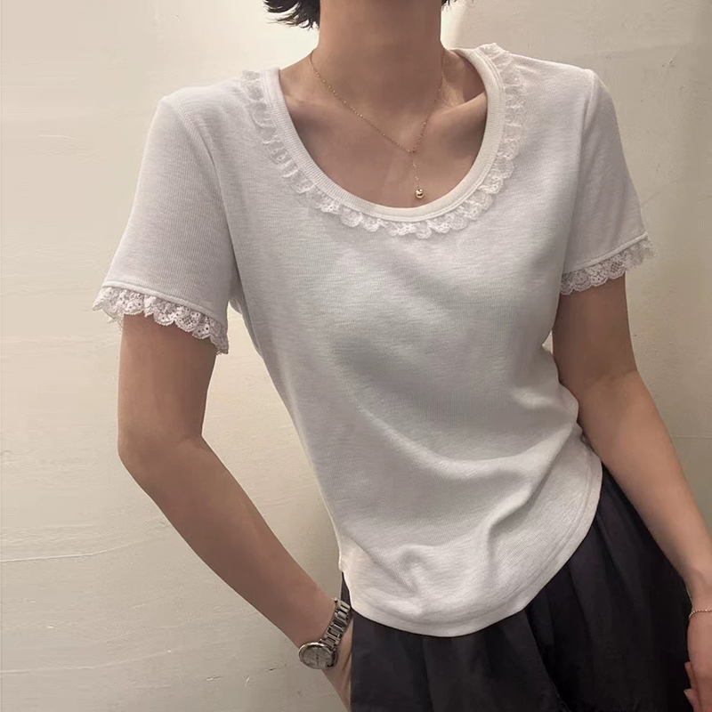 QY3368福利壹彩2025新款韩版U领弹力百搭花边拼接短袖T恤显瘦上衣