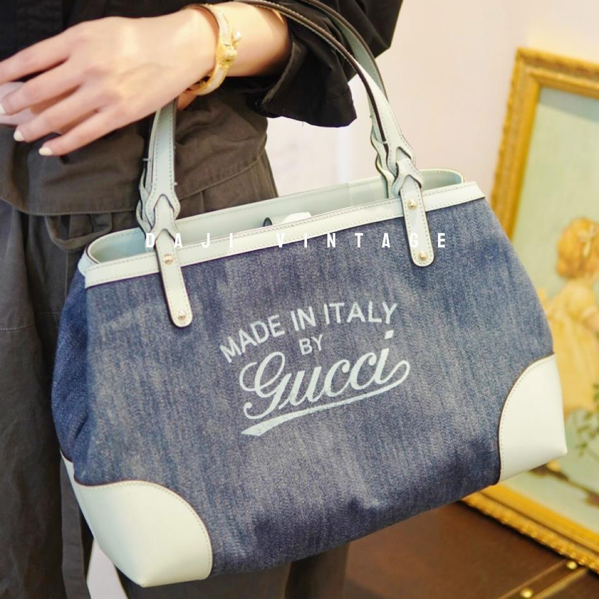 95新 GUCCI/古驰 大吉中古sz/GUCCI古驰拼色丹宁托特单肩包