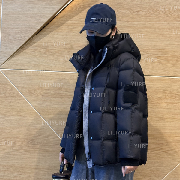 2025新款多色格纹设计加厚保暖针织拼色连帽羽绒服外套