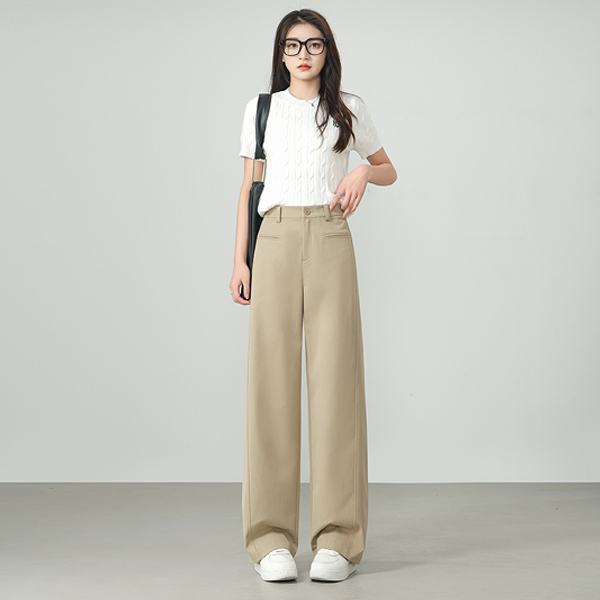 燕苹春季时尚休闲百搭高腰显瘦薄款宽松纯色垂感弯刀长裤1651002
