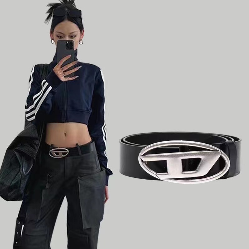 FEZ 美式复古银色D字母腰带男女百搭腰带