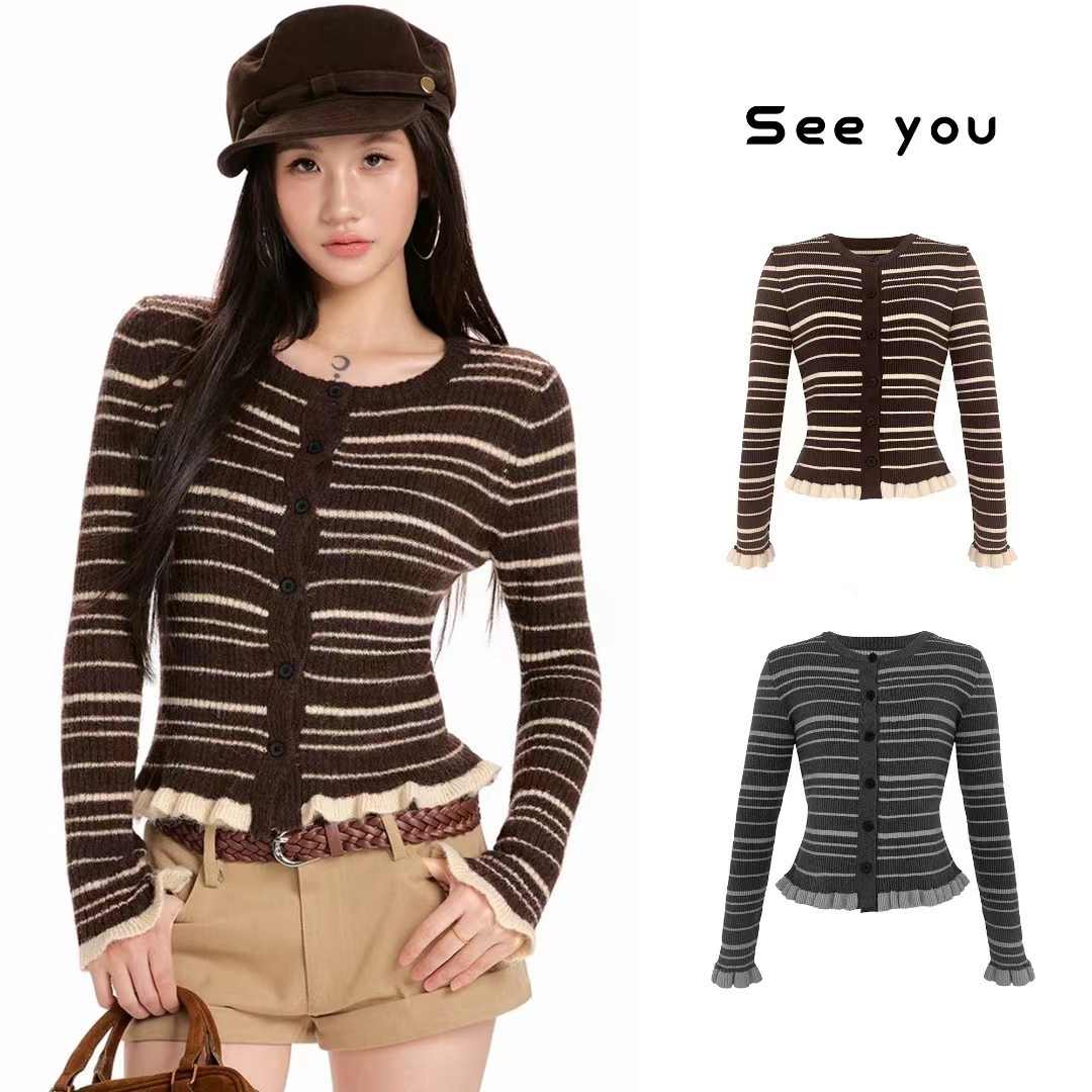 新款美式复古设计感木耳边拼接长袖条纹针织开衫L1806