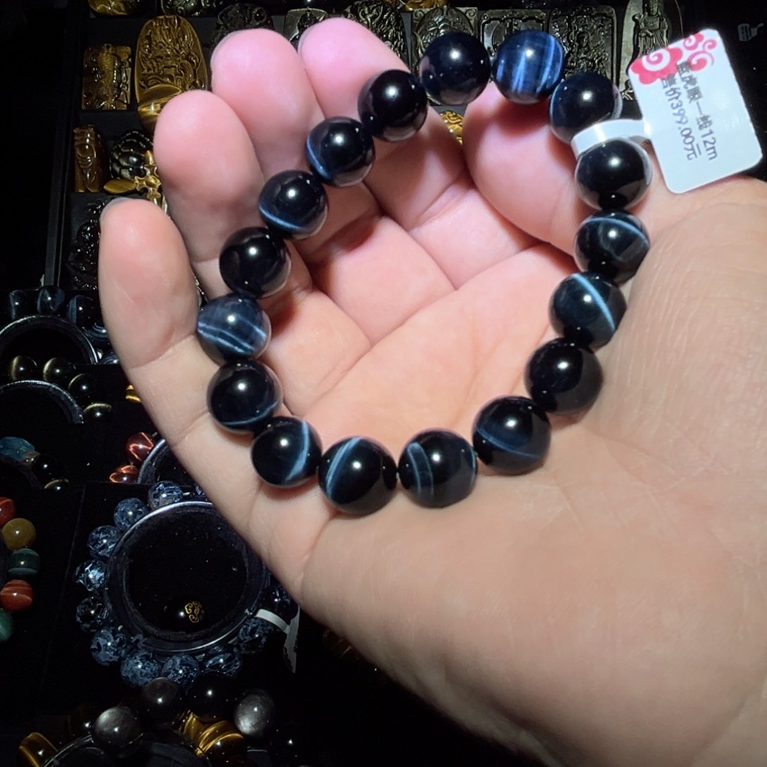 未镶嵌黑曜岩手链林**吧天然虎眼石蓝虎眼一线闪电纹12m
