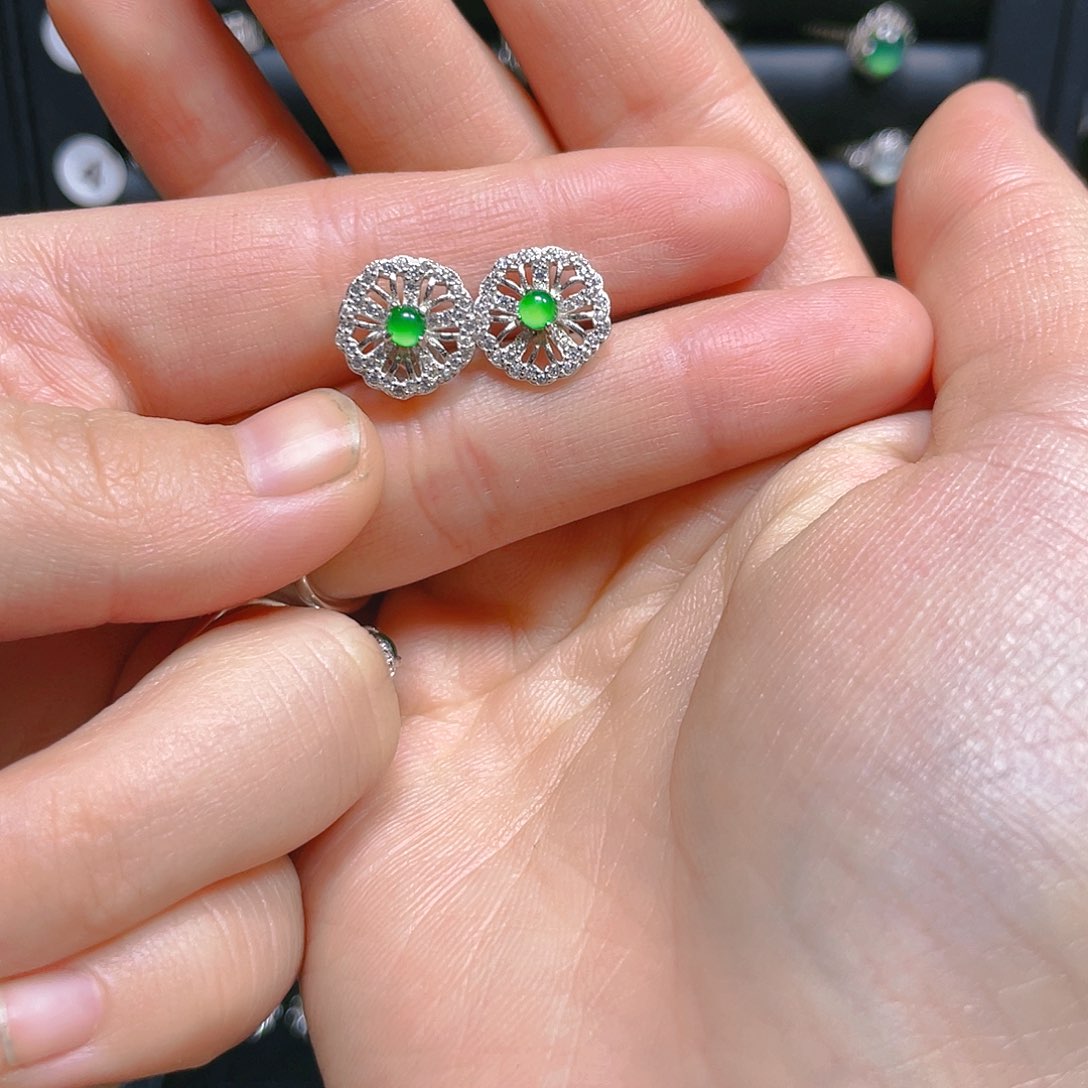 翡翠戒指银S925镶嵌耳钉