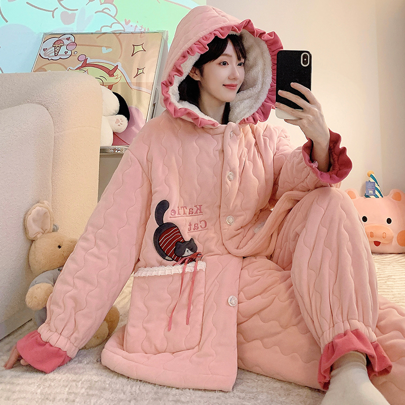 特厚三层夹棉家居服冬季保暖连帽加肥大码200斤胖mm穿搭外穿棉袄