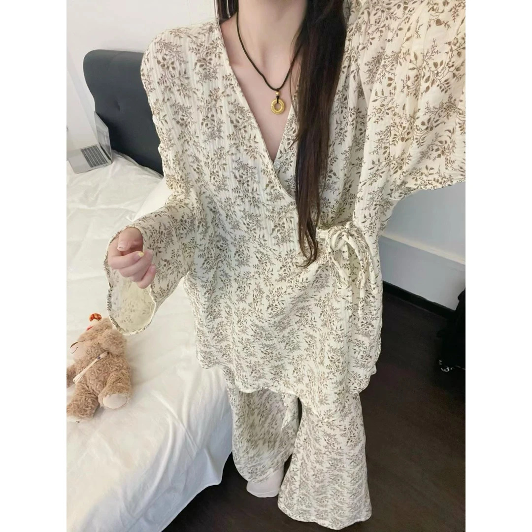 法式慵懒风碎花棉纱长袖睡衣女春秋款2025新款大码长裤家居服套装
