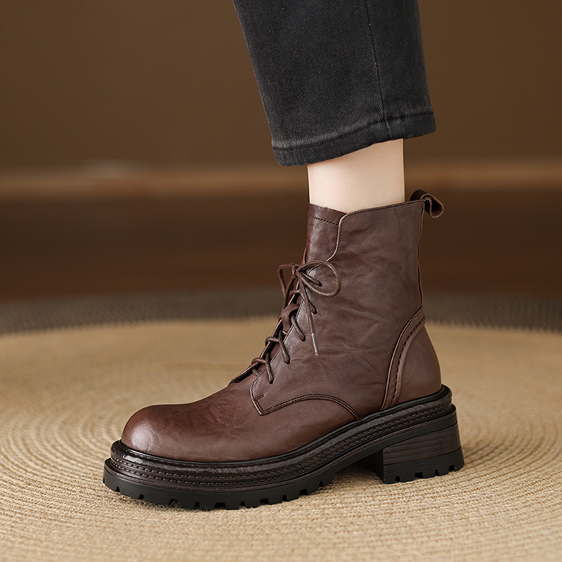 羊皮/跟高6cm/2025新款秋冬季真皮高跟短靴女软面单靴厚底马丁靴