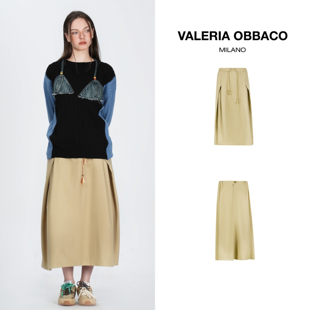 VALERIAOBBACO时尚百搭复古VO卡其色抽绳半裙2025秋季新款