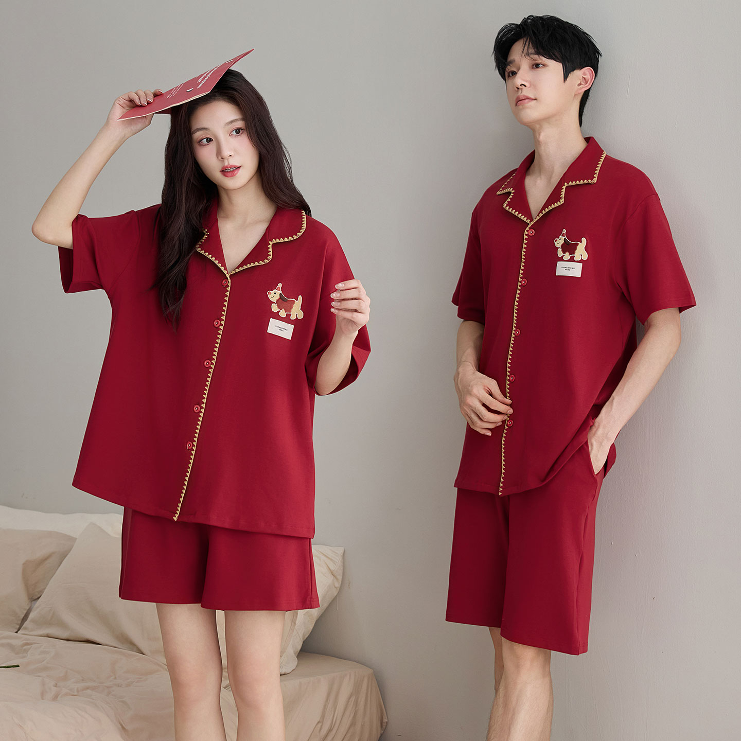 【单套装】夏季情侣睡衣红色纯棉莱卡短袖本命年刺绣卡通高档家居服