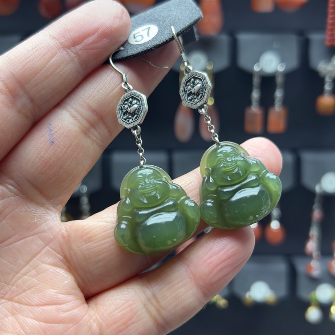 ****️和田玉银S925镶嵌耳饰