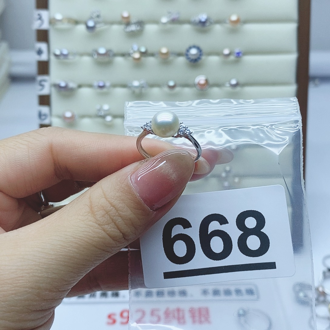 戒指银S925镶嵌淡水珍珠可****?668