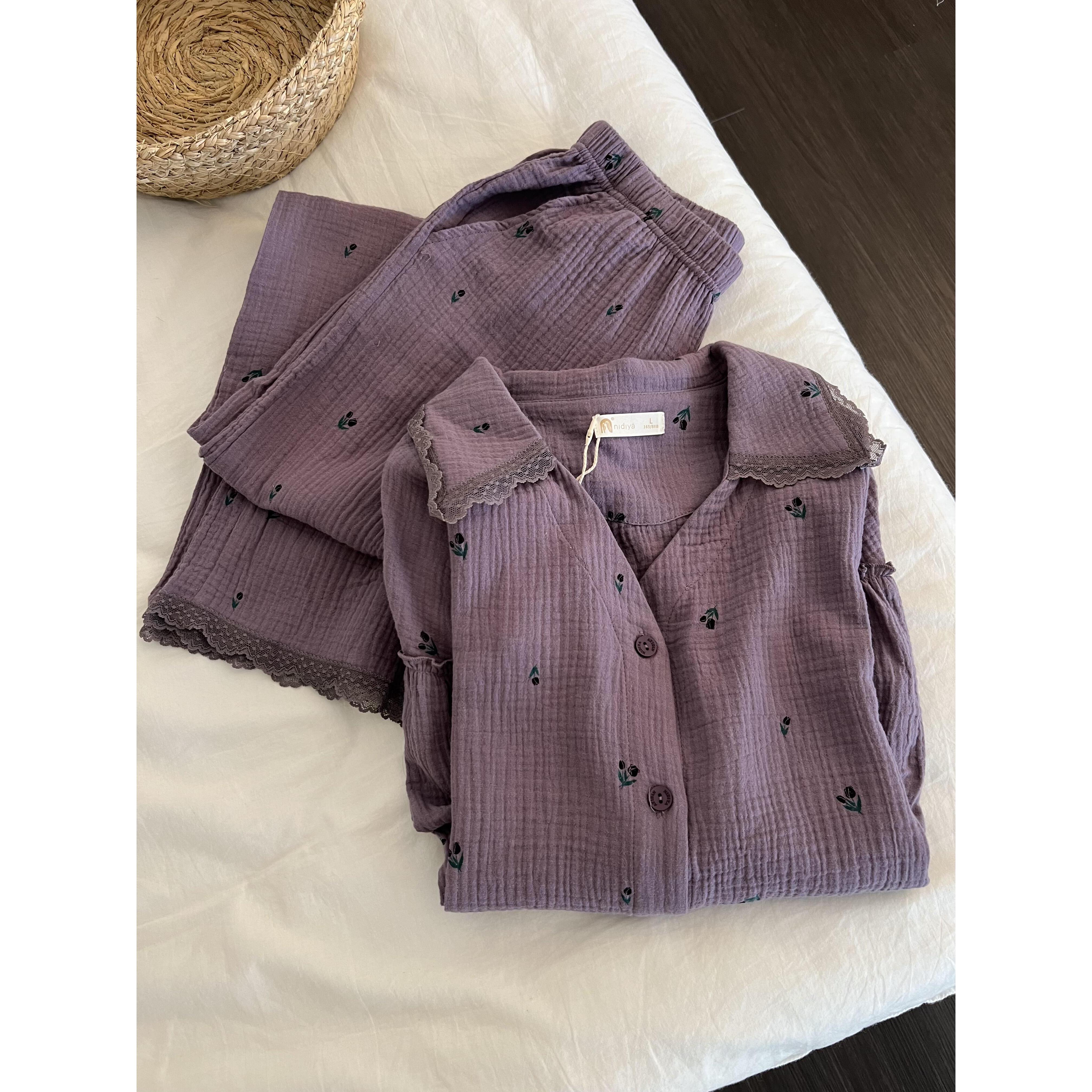 韩系复古紫色碎花双层棉纱睡衣女春秋新款纯棉长袖长裤家居服套装