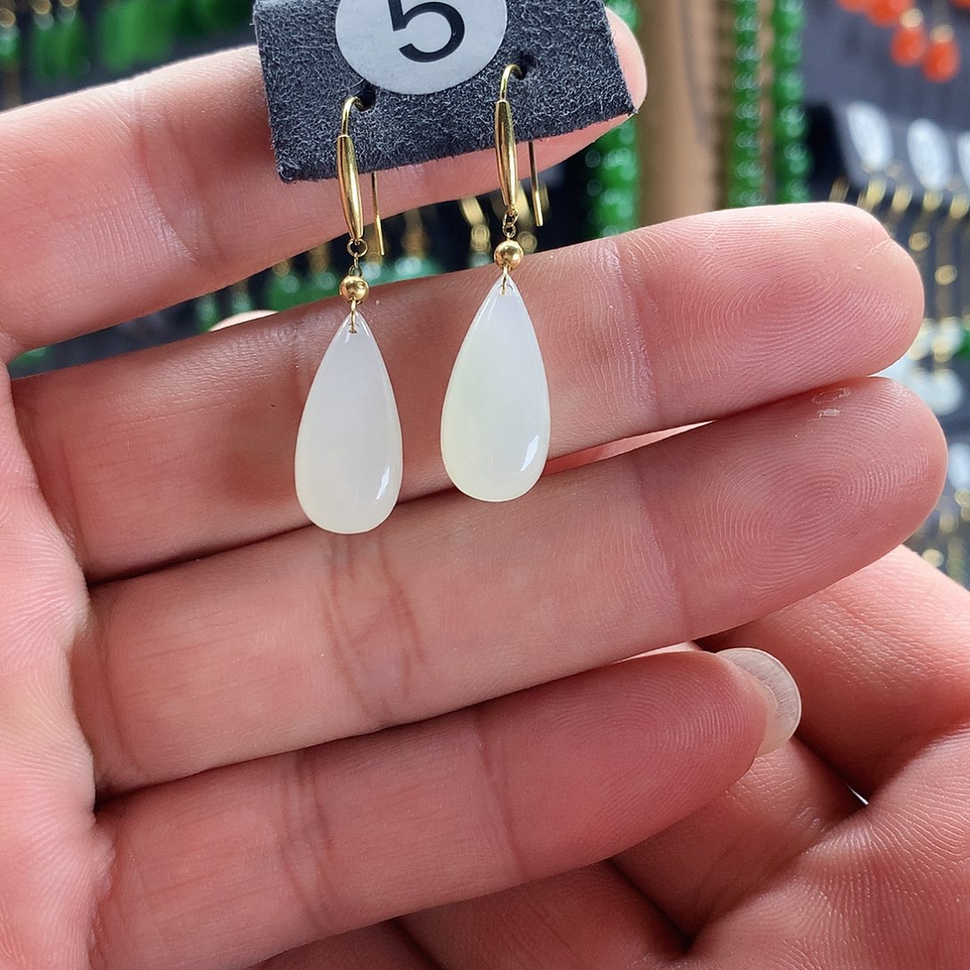 和田玉耳饰18K金镶嵌5