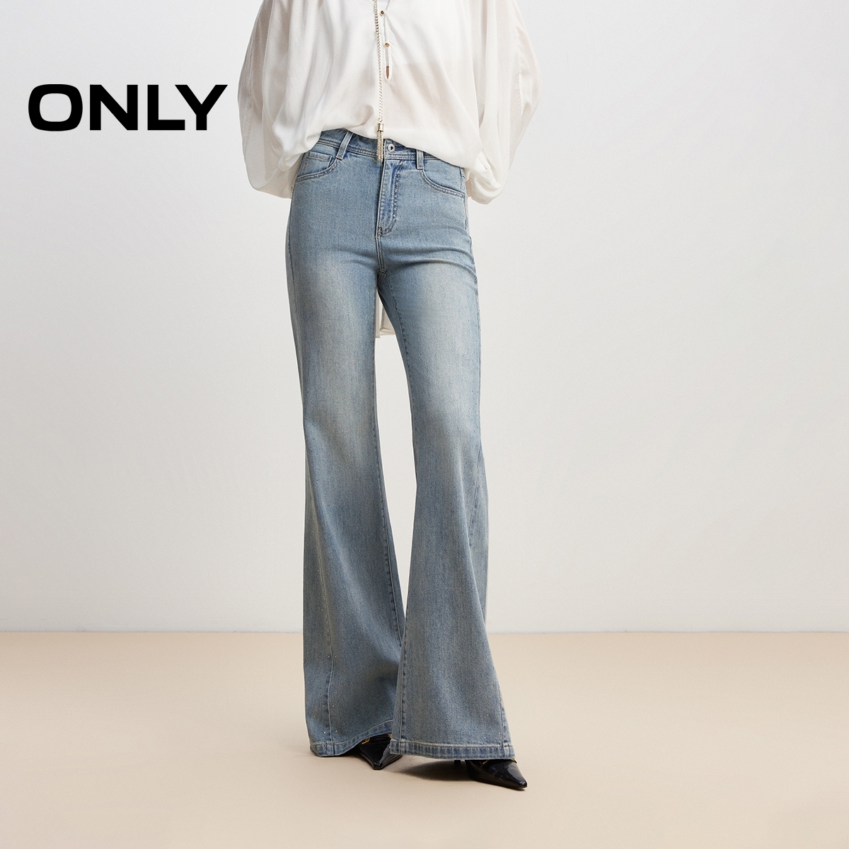 ONLY2025夏季新款复古重工贴钻高腰显瘦喇叭裤牛仔裤女|125332066