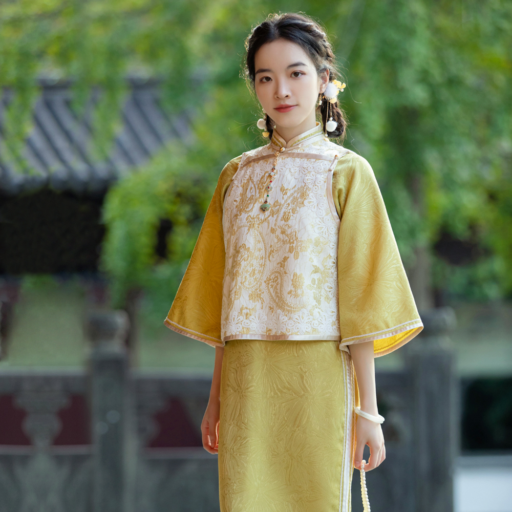 琥珀琉璃 扶夏 古法旗袍双襟一片式倒大袖提花马甲套装2026春季新