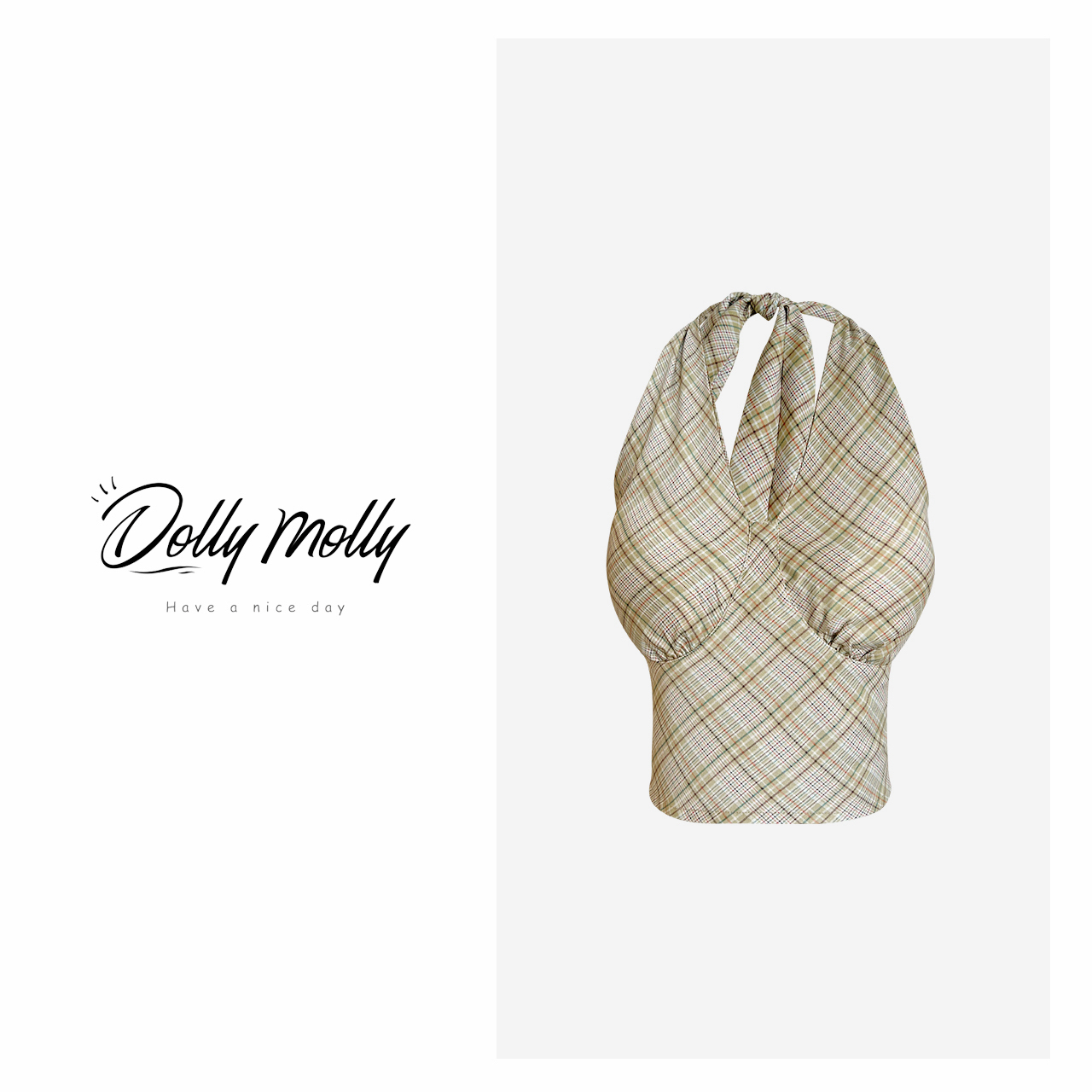 DOLLY&MOLLY复古绿色格纹挂脖背心吊带春夏露背绑带时尚百搭247
