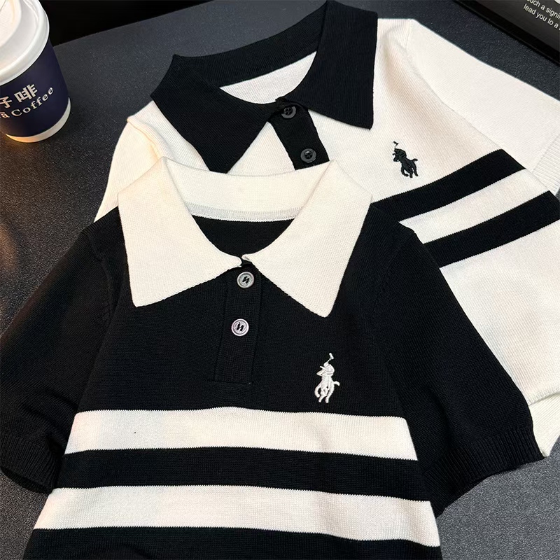夏季新款清爽针织短袖洋气儿童冰丝翻领条纹男童女童休闲POLO衫01