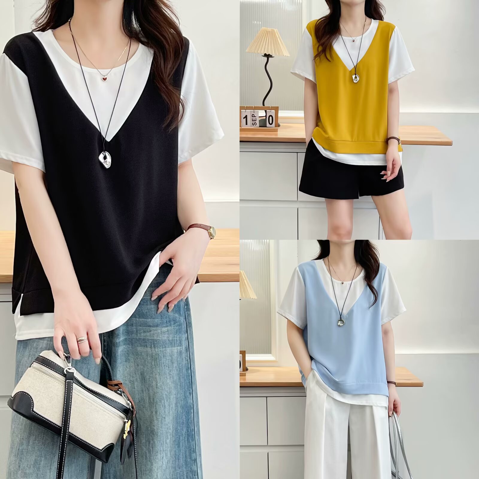 印语芩大码女装夏季新款减龄显瘦百搭设计感 T 恤假两件短袖