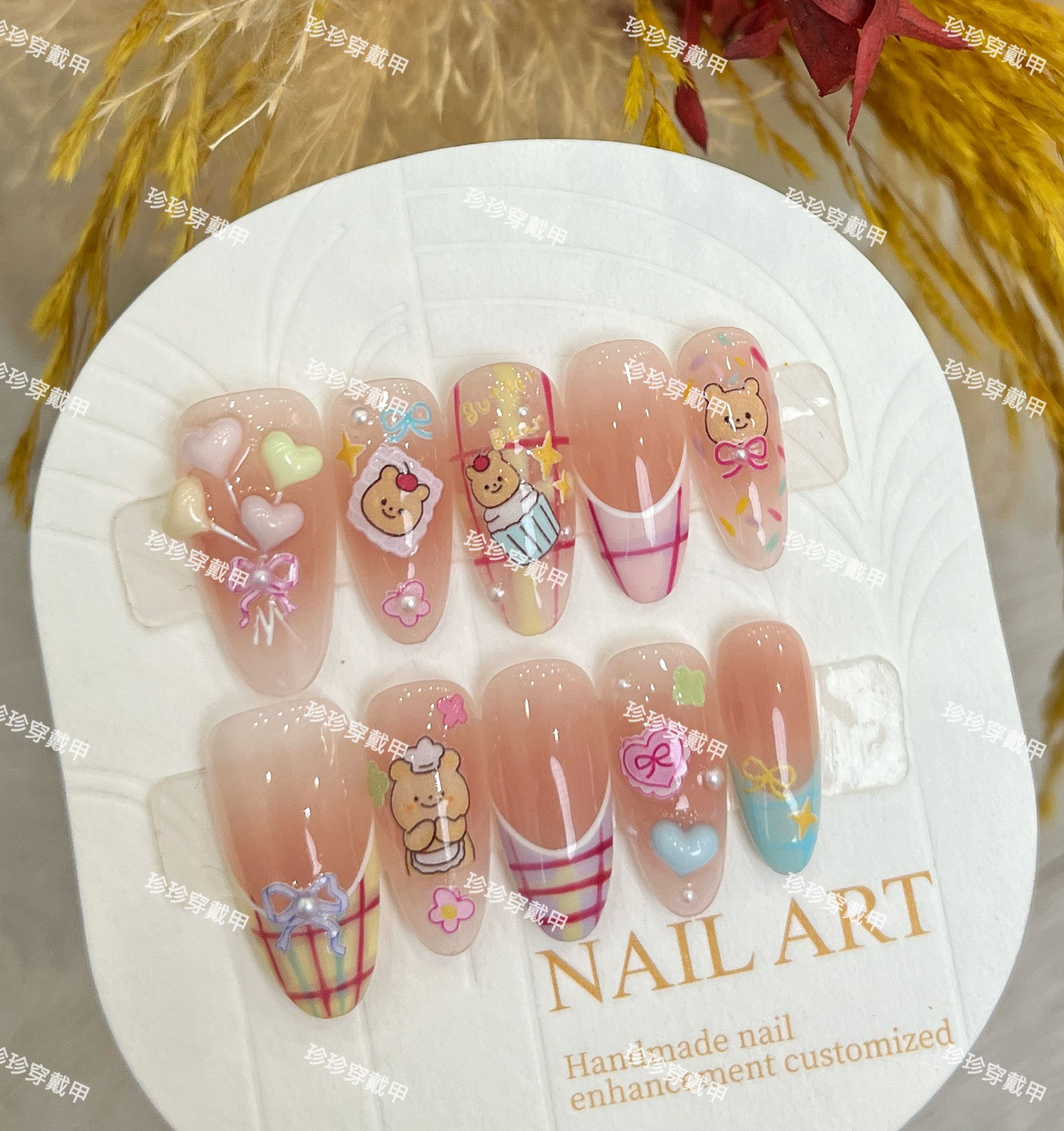 【黄油小熊】珍珍手工穿戴甲元气可爱小熊法式格纹立体爱心美甲贴片