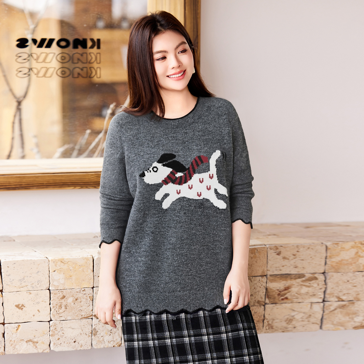 【18支北极绒】MsShe大码女装冬季显瘦宽松撞色提花毛衣C2509059