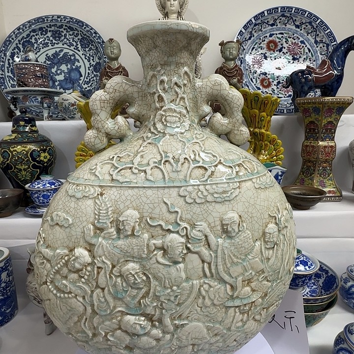 陶影青双耳报月瓶精品