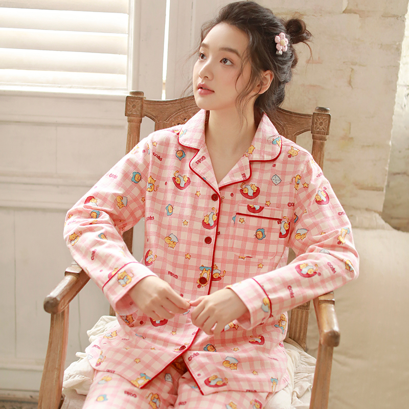秋冬纯棉女士甜美睡衣宽松磨毛绒布长袖长裤家居服套装
